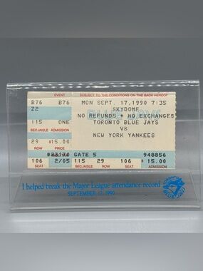 1990 Toronto Blue Jays SkyDome Ticket Stub w/ Display – Attendance Record